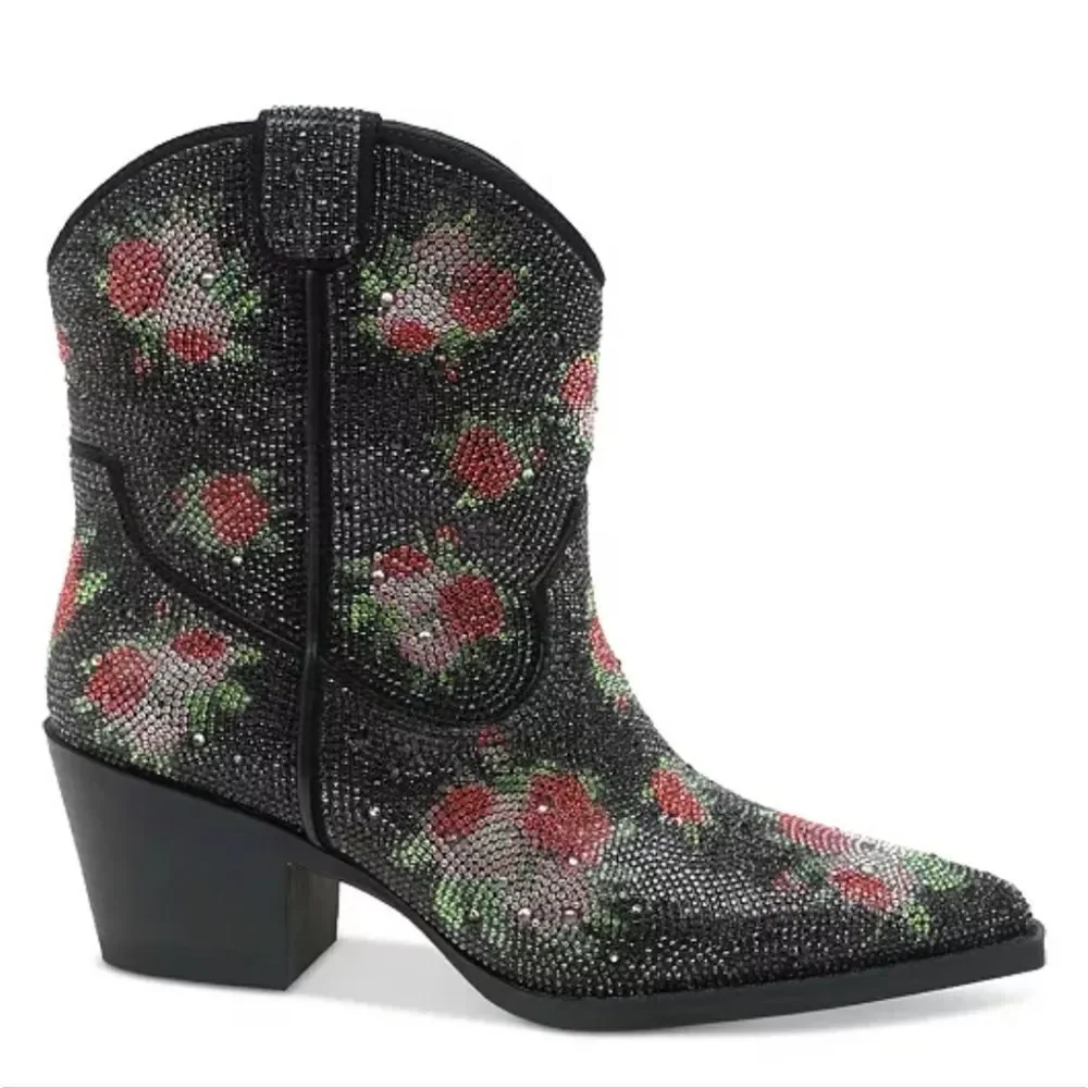 Wild Pair Lacey Black Bling Cowboy Boots SZ 7.5 NWT Pink Floral‎ Festie